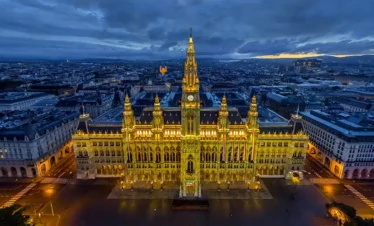 Aerial view of Vienna city hall at night
